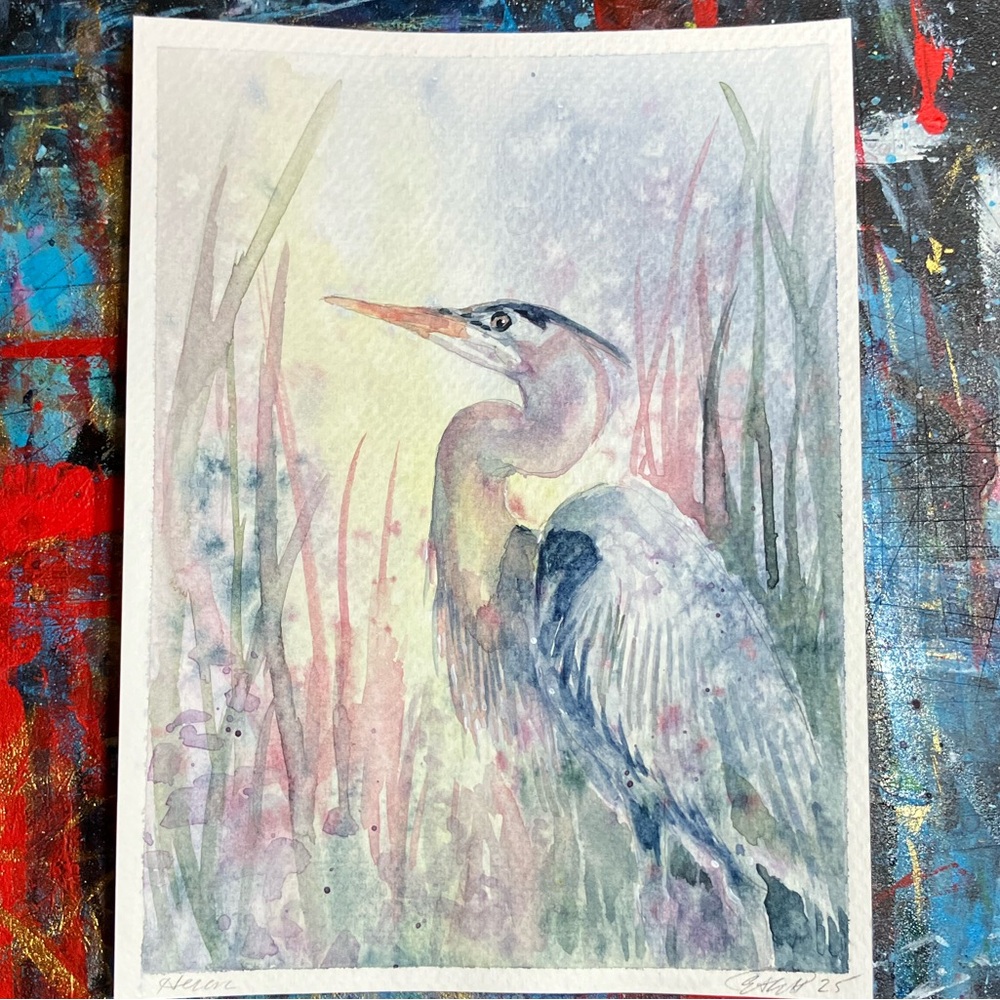 Original Heron bird wildlife watercolor painting handmade wall decor nature